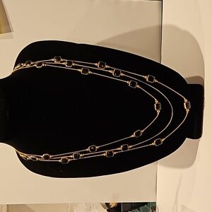 Vintage 3 Strand Black Glass on Goldtone 24" to 29" Long Necklace